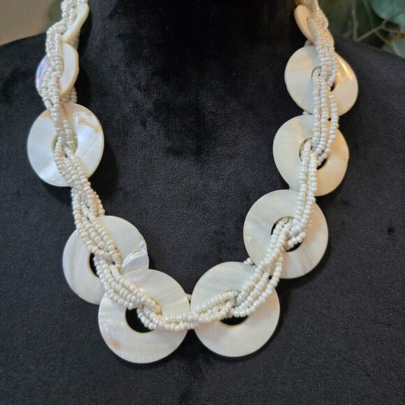 Women White Discs and Braided Seed Bead Multi-Strand Necklace with Lobster Clasp - Picture 1 of 6